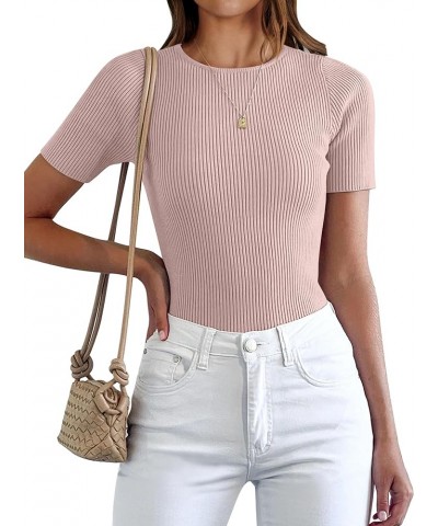 Womens Crewneck Short Sleeve Tops Ribbed Knit Slim Fit T Shirts 2024 Summer Casual Basic Solid Tee Top Pink $10.00 T-Shirts