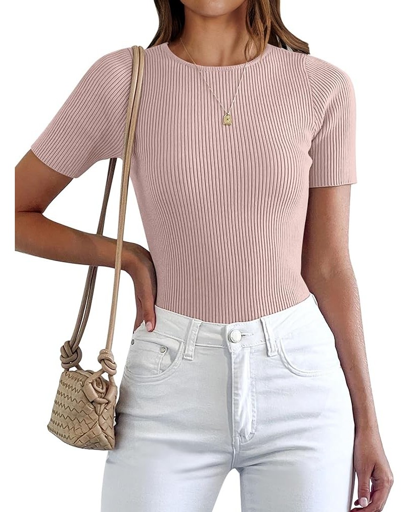 Womens Crewneck Short Sleeve Tops Ribbed Knit Slim Fit T Shirts 2024 Summer Casual Basic Solid Tee Top Pink $10.00 T-Shirts