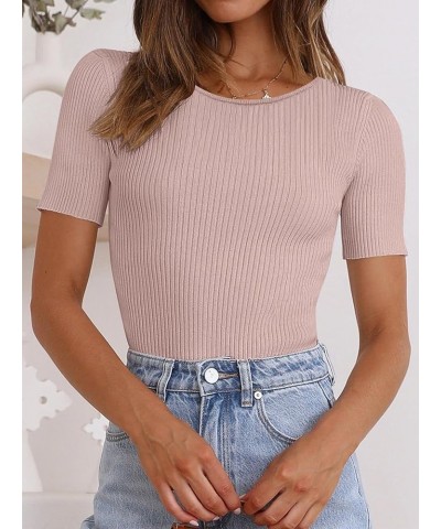 Womens Crewneck Short Sleeve Tops Ribbed Knit Slim Fit T Shirts 2024 Summer Casual Basic Solid Tee Top Pink $10.00 T-Shirts