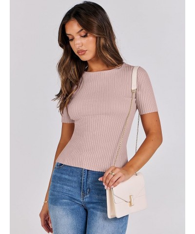 Womens Crewneck Short Sleeve Tops Ribbed Knit Slim Fit T Shirts 2024 Summer Casual Basic Solid Tee Top Pink $10.00 T-Shirts