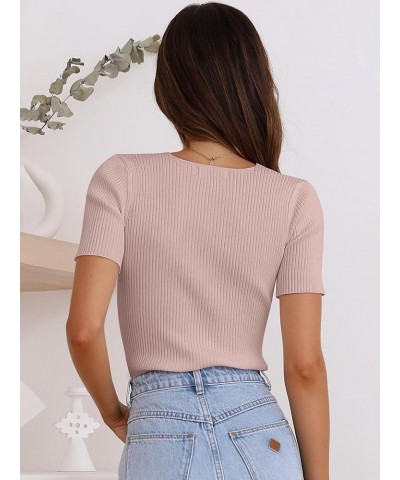 Womens Crewneck Short Sleeve Tops Ribbed Knit Slim Fit T Shirts 2024 Summer Casual Basic Solid Tee Top Pink $10.00 T-Shirts