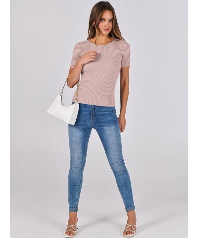 Womens Crewneck Short Sleeve Tops Ribbed Knit Slim Fit T Shirts 2024 Summer Casual Basic Solid Tee Top Pink $10.00 T-Shirts