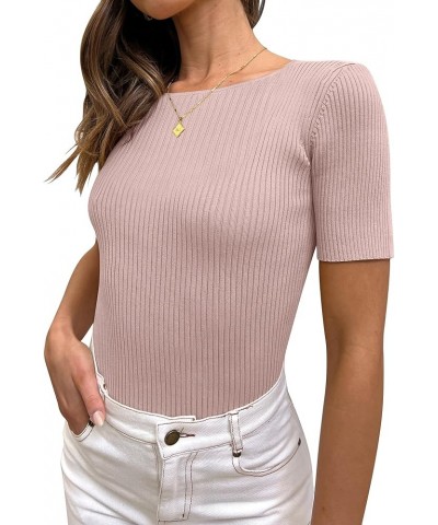 Womens Crewneck Short Sleeve Tops Ribbed Knit Slim Fit T Shirts 2024 Summer Casual Basic Solid Tee Top Pink $10.00 T-Shirts