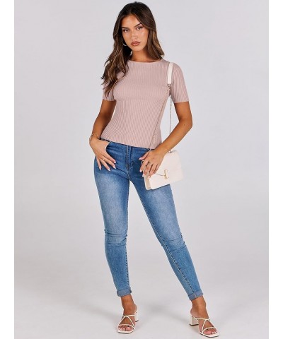 Womens Crewneck Short Sleeve Tops Ribbed Knit Slim Fit T Shirts 2024 Summer Casual Basic Solid Tee Top Pink $10.00 T-Shirts