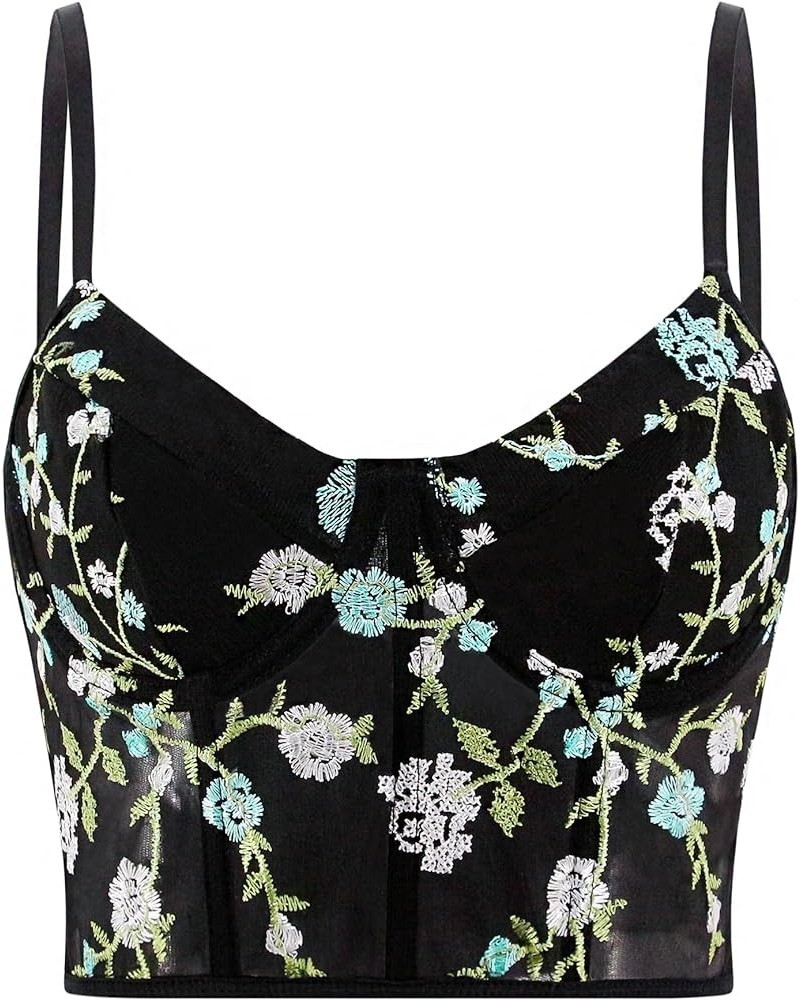 Women Chic Floral Embroidered Corset Top Spaghetti Strap Sheer Mesh Push Up Bustier Bralette Mint Green $15.29 Bras