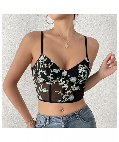 Women Chic Floral Embroidered Corset Top Spaghetti Strap Sheer Mesh Push Up Bustier Bralette Mint Green $15.29 Bras