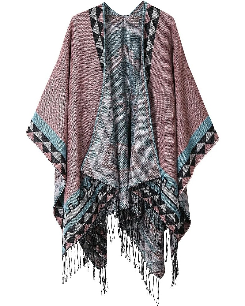 Women's Warm Shawls Wraps Open Front Cardigan Vintage Pattern Poncho Cape Sweater Coat 5 Pink $18.43 Sweaters