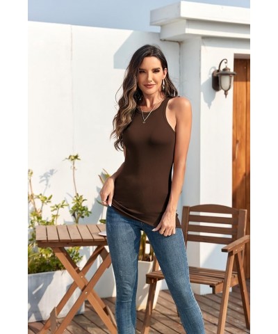 3Packs Cotton Ribbed High Neck Long Tank Top for Women Racerback Yoga Top Layering Undershirts Camisole Brown Black Dark Gray...