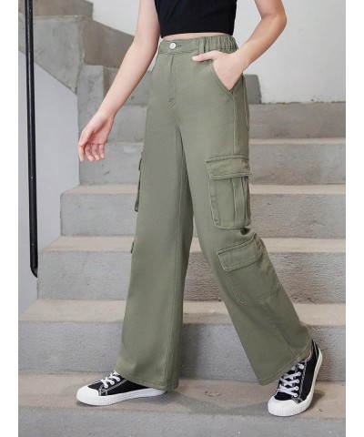 Girl's High Waist Zip Up Denim Pants Straight Leg Cargo Jeans with Pockets Army Green Solid $23.93 Jeans