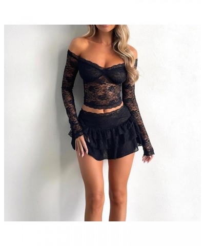 Women Y2k Lace Sheer Outfits Sets See Through Crop Tops Mini Skirts Sets 2 Piece Going Out Mesh Matching Sets Mesh 55- Black ...