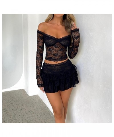 Women Y2k Lace Sheer Outfits Sets See Through Crop Tops Mini Skirts Sets 2 Piece Going Out Mesh Matching Sets Mesh 55- Black ...