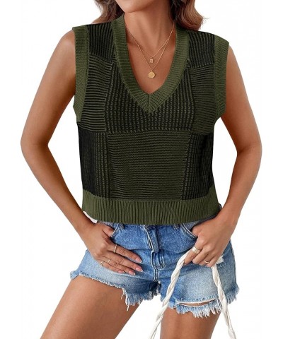 Women's Sleeveless Knit Sweater Vest Striped V Neck Summer Tank Tops Trendy Pullover Knitwear Army Green $12.60 Sweaters