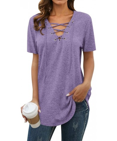 Women Criss Cross T Shirt Lace Up V Neck Tops Casual Tunics Basic Tees Blouse Purple $10.50 Others