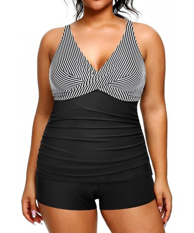 Plus Size Tankini with Shorts Two Piece Swimsuits Tummy Control Bathing Suits for Women Slimming Swimwear Black and White Str...