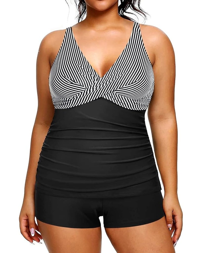 Plus Size Tankini with Shorts Two Piece Swimsuits Tummy Control Bathing Suits for Women Slimming Swimwear Black and White Str...