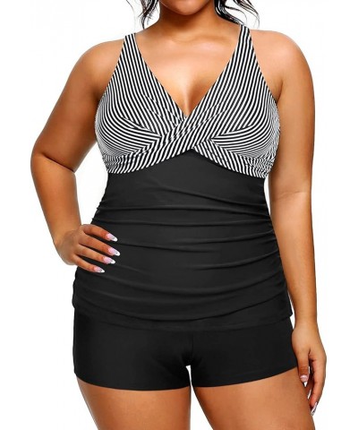 Plus Size Tankini with Shorts Two Piece Swimsuits Tummy Control Bathing Suits for Women Slimming Swimwear Black and White Str...