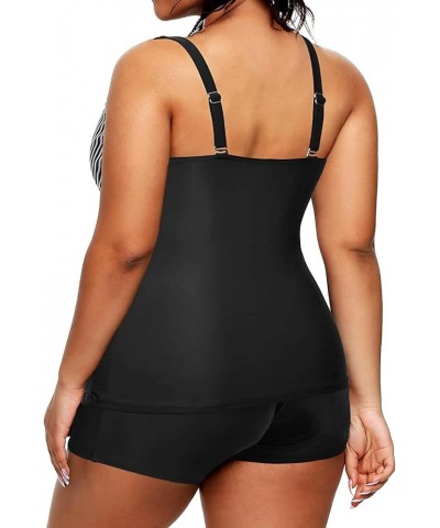 Plus Size Tankini with Shorts Two Piece Swimsuits Tummy Control Bathing Suits for Women Slimming Swimwear Black and White Str...