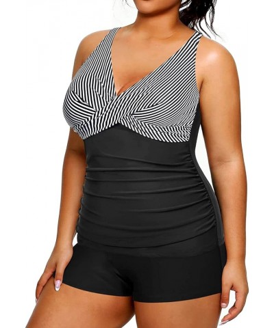 Plus Size Tankini with Shorts Two Piece Swimsuits Tummy Control Bathing Suits for Women Slimming Swimwear Black and White Str...