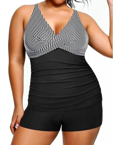 Plus Size Tankini with Shorts Two Piece Swimsuits Tummy Control Bathing Suits for Women Slimming Swimwear Black and White Str...