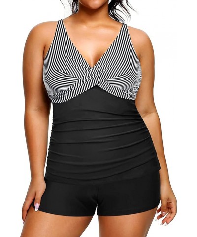 Plus Size Tankini with Shorts Two Piece Swimsuits Tummy Control Bathing Suits for Women Slimming Swimwear Black and White Str...