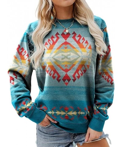 Aztec Print Sweatshirts Women Western Shirts Ethnic Graphic Pullover Top Vintage Long Sleeve Blouses Blue $18.35 Hoodies & Sw...