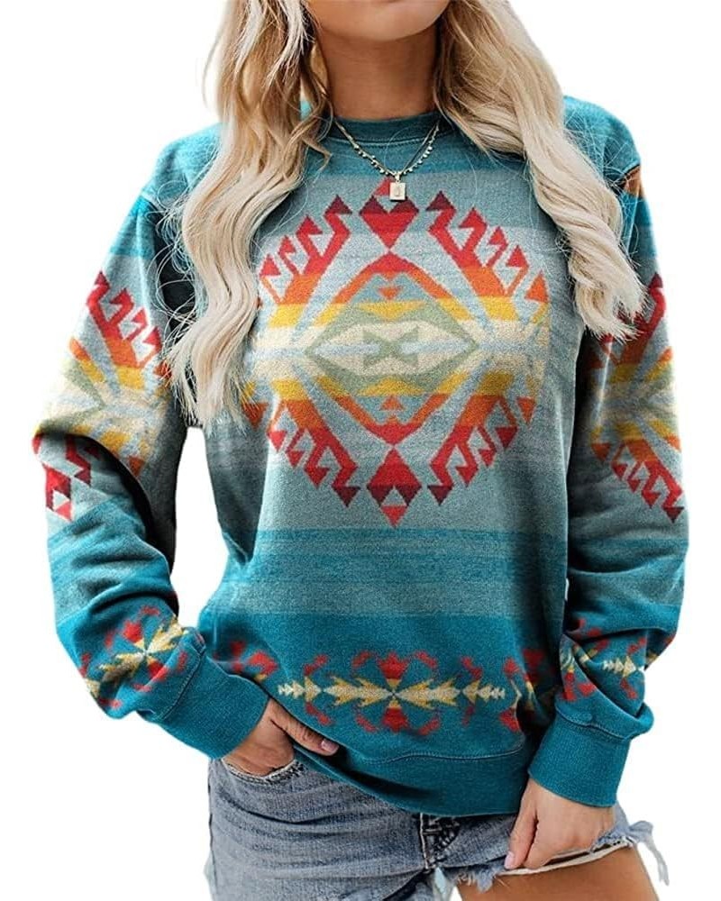 Aztec Print Sweatshirts Women Western Shirts Ethnic Graphic Pullover Top Vintage Long Sleeve Blouses Blue $18.35 Hoodies & Sw...