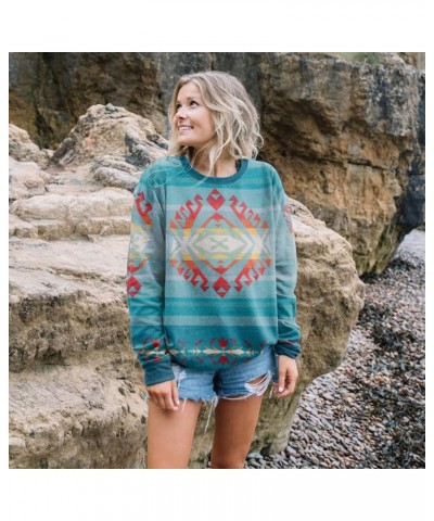 Aztec Print Sweatshirts Women Western Shirts Ethnic Graphic Pullover Top Vintage Long Sleeve Blouses Blue $18.35 Hoodies & Sw...