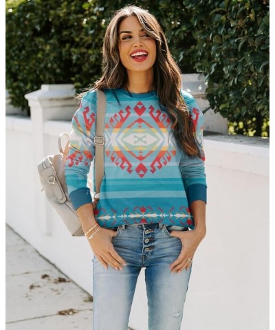 Aztec Print Sweatshirts Women Western Shirts Ethnic Graphic Pullover Top Vintage Long Sleeve Blouses Blue $18.35 Hoodies & Sw...