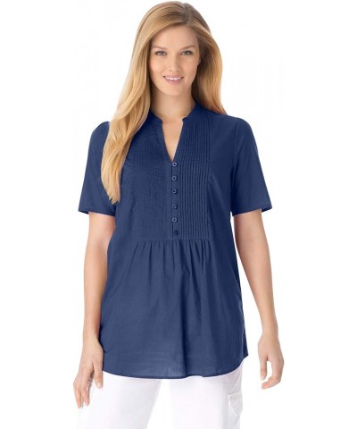 Women's Plus Size Pintucked Half-Button Tunic Evening Blue $19.20 Tops