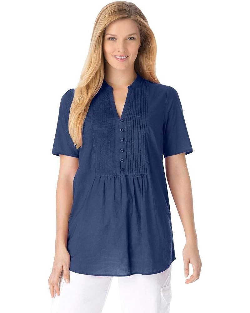 Women's Plus Size Pintucked Half-Button Tunic Evening Blue $19.20 Tops