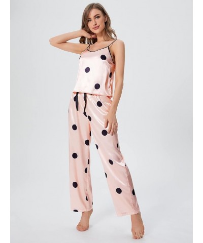 Women's 4 Piece Sleepwear Satin Pajamas Silk Floral Lace Cami Top and Pants Pajama Set Light Pink $14.70 Sleep & Lounge