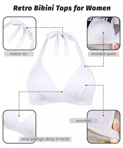 Women's Vintage 50s Halter Neck Tie Knot Back Soft Molded Padding Bikini Top Swimsuit Bathing Suit Tops Only White $10.00 Swi...