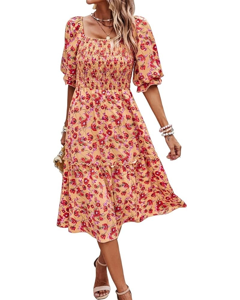 Women's Summer Casual Midi Dress Spring Puff Sleeve Square Neck A-line Flowy Boho Floral Smocked Dresses Yellow Red Flower $1...