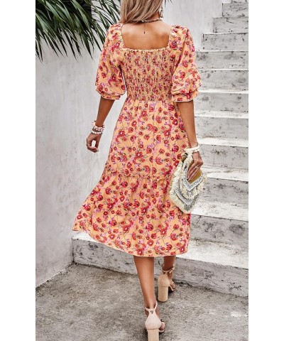 Women's Summer Casual Midi Dress Spring Puff Sleeve Square Neck A-line Flowy Boho Floral Smocked Dresses Yellow Red Flower $1...