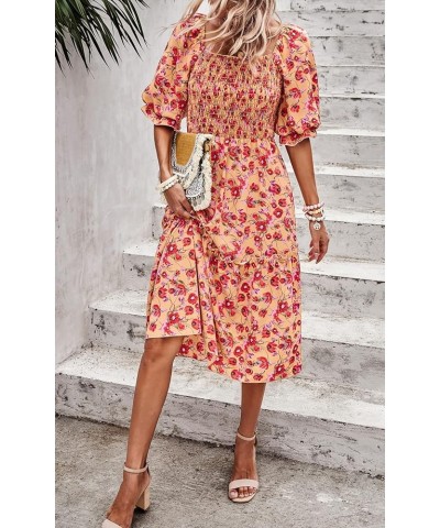 Women's Summer Casual Midi Dress Spring Puff Sleeve Square Neck A-line Flowy Boho Floral Smocked Dresses Yellow Red Flower $1...