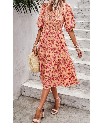 Women's Summer Casual Midi Dress Spring Puff Sleeve Square Neck A-line Flowy Boho Floral Smocked Dresses Yellow Red Flower $1...