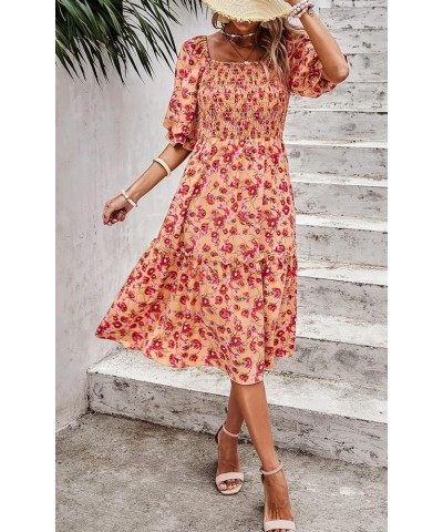 Women's Summer Casual Midi Dress Spring Puff Sleeve Square Neck A-line Flowy Boho Floral Smocked Dresses Yellow Red Flower $1...