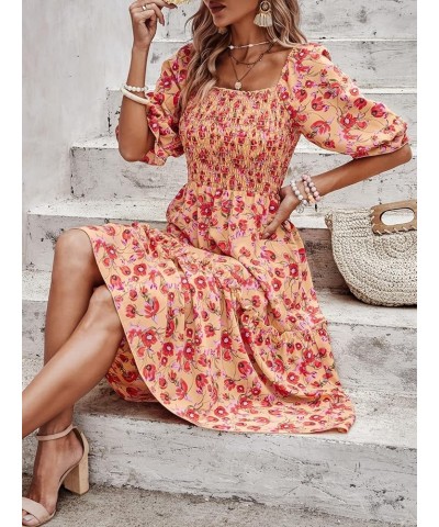 Women's Summer Casual Midi Dress Spring Puff Sleeve Square Neck A-line Flowy Boho Floral Smocked Dresses Yellow Red Flower $1...