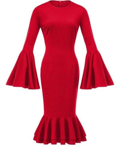 Women's Bell Sleeve Fishtail Dresses Bodycon Cocktail Party Pencil Dress Red $19.00 Dresses