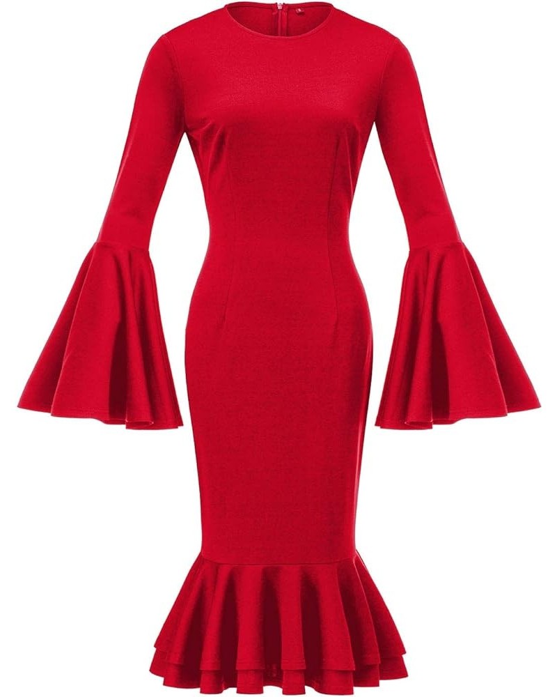 Women's Bell Sleeve Fishtail Dresses Bodycon Cocktail Party Pencil Dress Red $19.00 Dresses