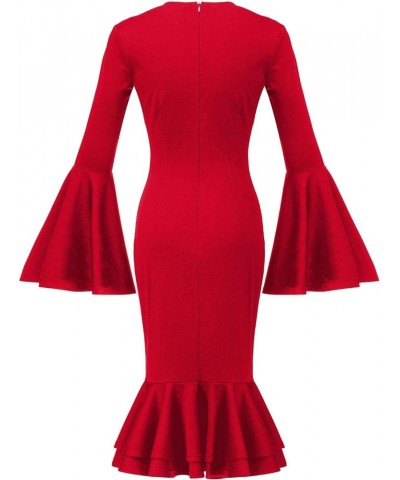 Women's Bell Sleeve Fishtail Dresses Bodycon Cocktail Party Pencil Dress Red $19.00 Dresses