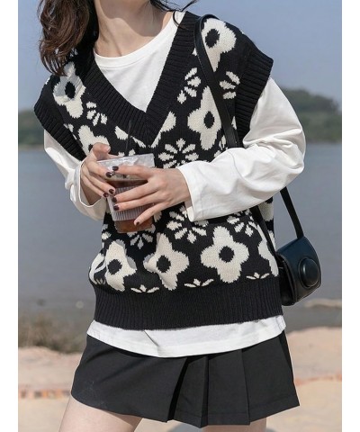 Women's V Neck Floral Print Sweater Vests Sleeveless Knitwear Top Black and White $10.19 Sweaters