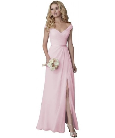 Bridesmaid Dresses Off Shoulder Chiffon - Pleated Formal Evening Dress with Slit Pink $34.64 Dresses