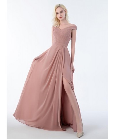 Bridesmaid Dresses Off Shoulder Chiffon - Pleated Formal Evening Dress with Slit Pink $34.64 Dresses