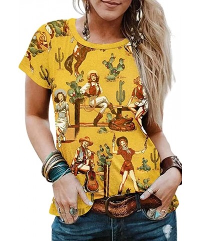 Western Cactus T-Shirt for Women Vintage Cowgirl Shirt Retro Desert Sunset Cactus Graphic Casual Tops Blouse Tee As Show $9.5...