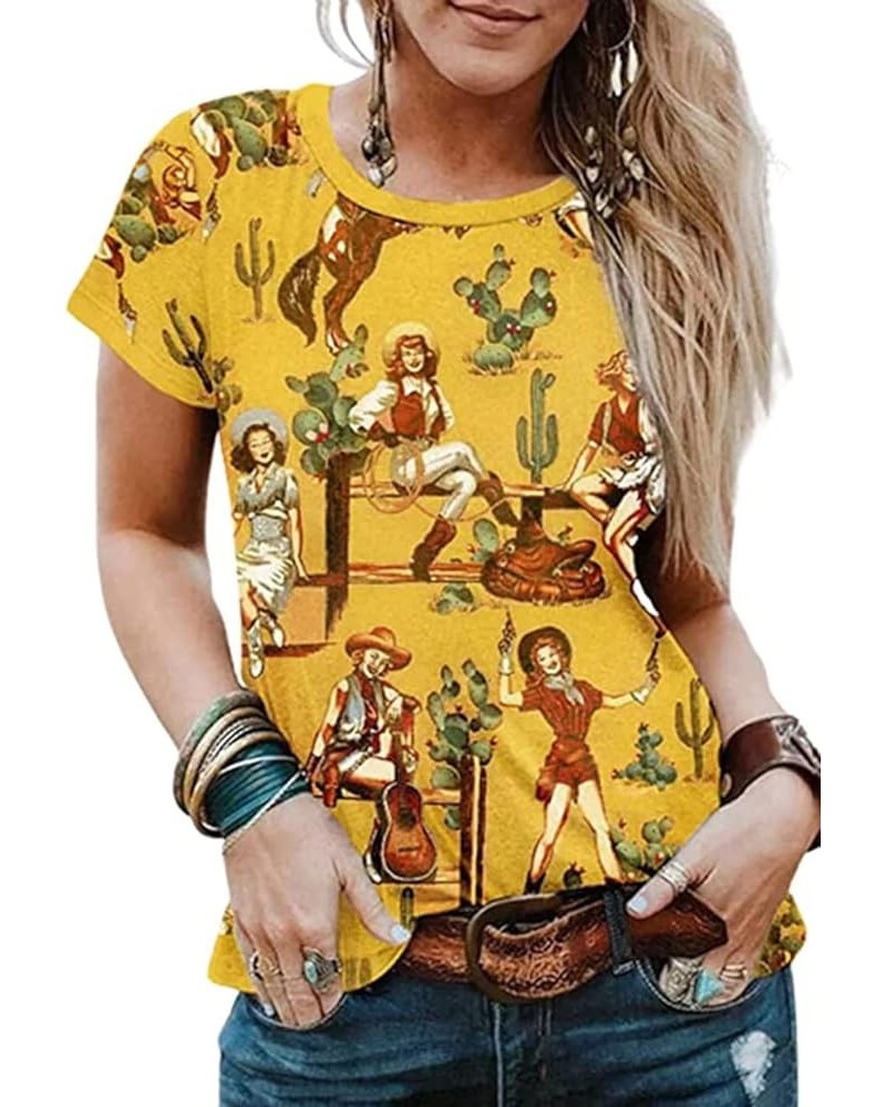 Western Cactus T-Shirt for Women Vintage Cowgirl Shirt Retro Desert Sunset Cactus Graphic Casual Tops Blouse Tee As Show $9.5...