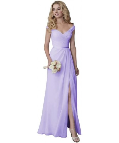 Bridesmaid Dresses Off Shoulder Chiffon - Pleated Formal Evening Dress with Slit Pink $34.64 Dresses