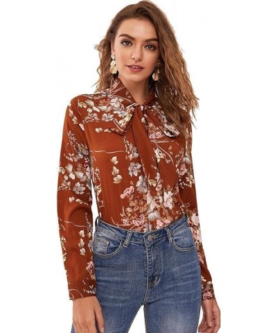 Women's Floral Print Bow Tied Neck Lantern Long Sleeve Blouse Tops Brown $11.00 Blouses