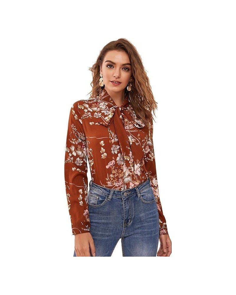 Women's Floral Print Bow Tied Neck Lantern Long Sleeve Blouse Tops Brown $11.00 Blouses