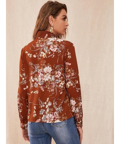 Women's Floral Print Bow Tied Neck Lantern Long Sleeve Blouse Tops Brown $11.00 Blouses